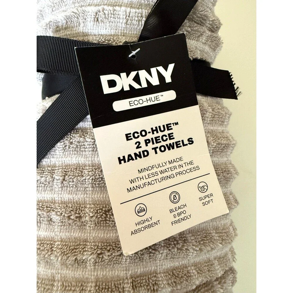 DKNY Hand Towels Beige White Windowpane 100% Cotton 18x28 Super Soft Set of 2